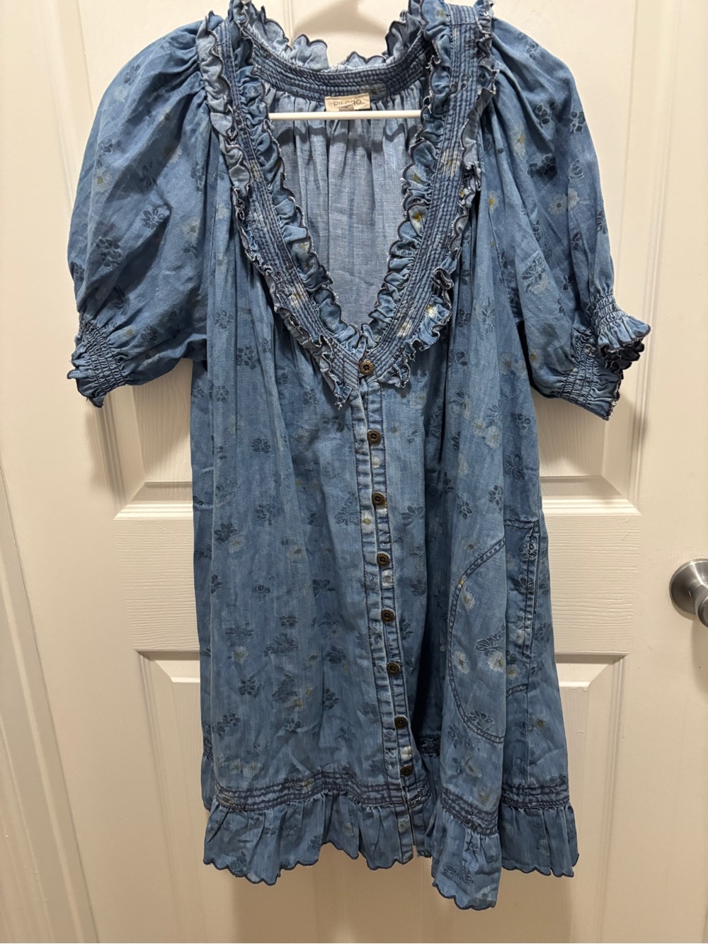 Anthropologie Blue Floral Ruffle-Trim Mini Dress - Picture 5 of 7